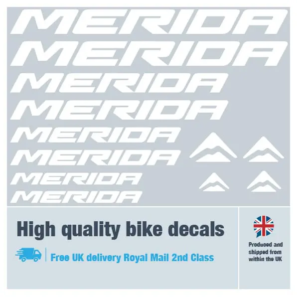 Merida bike decal set in white. Replacement vinyl stickers for Merida frames.