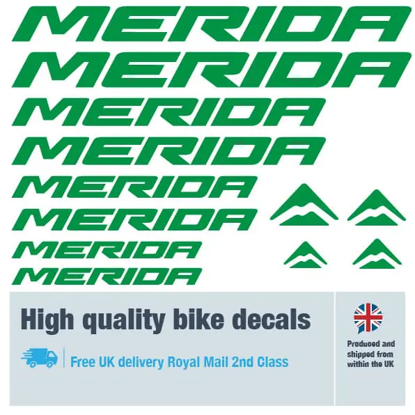 Merida bike decal set in green. Replacement vinyl stickers for Merida frames.
