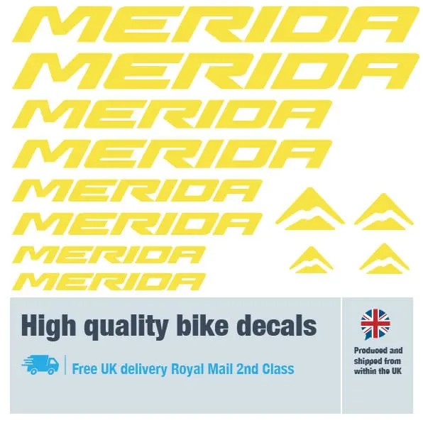 Merida bike decal set in yellow. Replacement vinyl stickers for Merida frames.