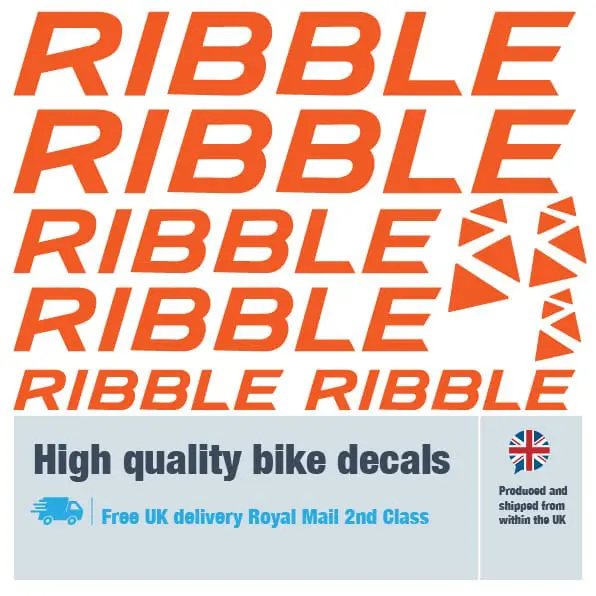 Ribble bike decal set in orange. Replacement vinyl stickers for Ribble frames.
