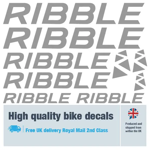 Ribble bike decal set in silver. Replacement vinyl stickers for Ribble frames.