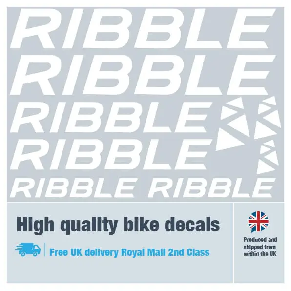 Ribble bike decal set in white. Replacement vinyl stickers for Ribble frames.