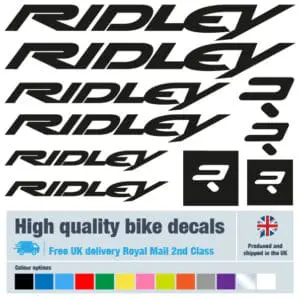 Ridley bike decal set in black. Replacement vinyl stickers for Ridley frames.