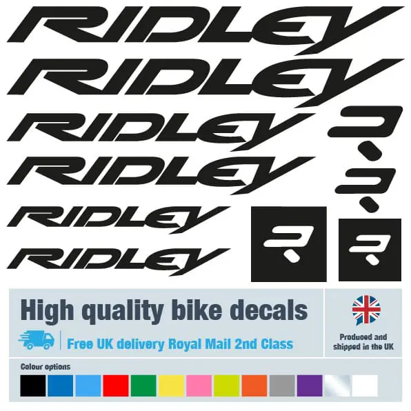 Ridley bike decal set in black. Replacement vinyl stickers for Ridley frames.