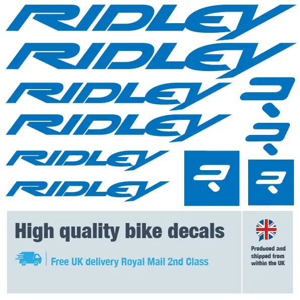 Ridley bike decal set in dark blue. Replacement vinyl stickers for Ridley frames.