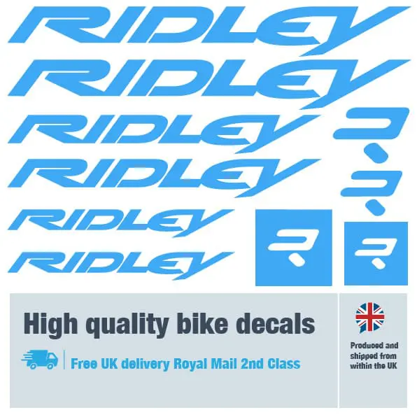 Ridley bike decal set in light blue. Replacement vinyl stickers for Ridley frames.