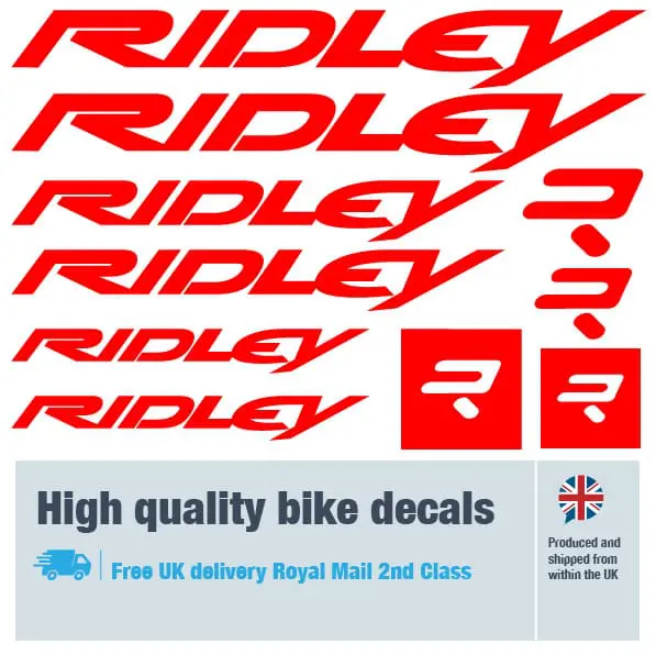 Ridley bike decal set in red. Replacement vinyl stickers for Ridley frames.