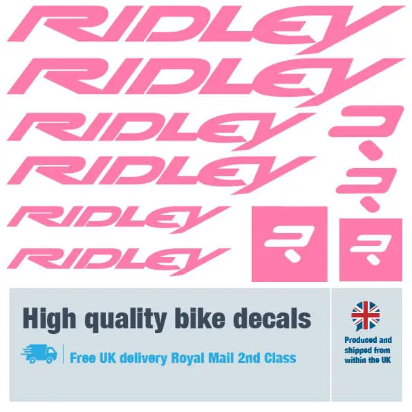 Ridley bike decal set in pink. Replacement vinyl stickers for Ridley frames.