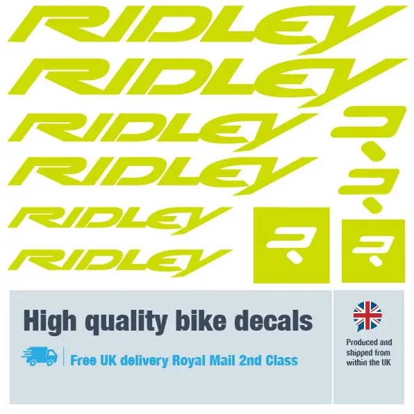 Ridley bike decal set in lime. Replacement vinyl stickers for Ridley frames.