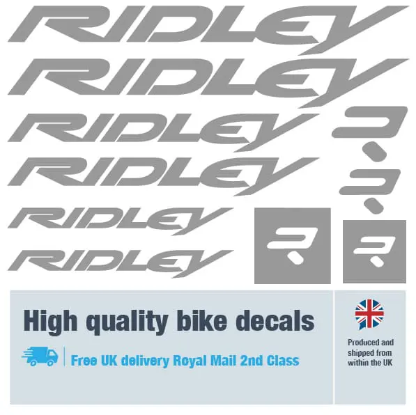 Ridley bike decal set in silver. Replacement vinyl stickers for Ridley frames.