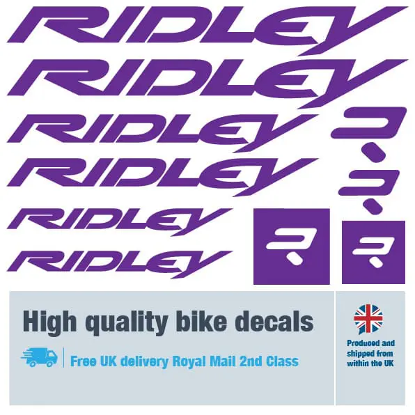 Ridley bike decal set in purple. Replacement vinyl stickers for Ridley frames.