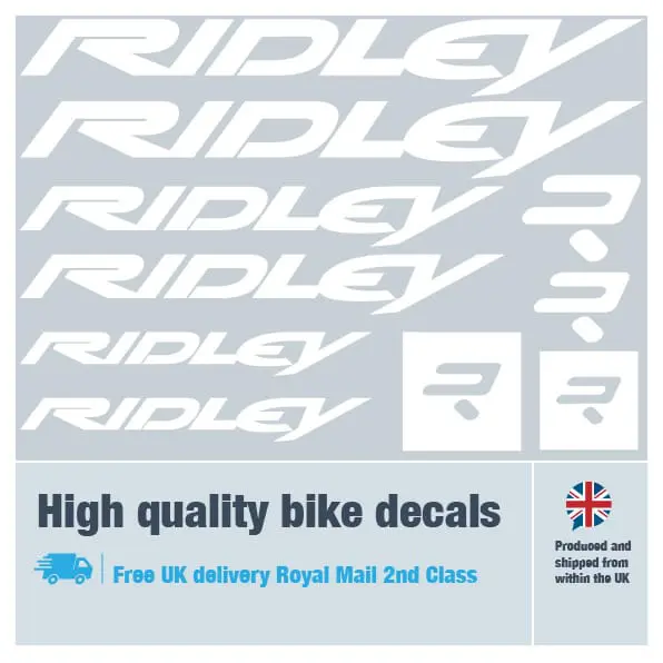 Ridley bike decal set in white. Replacement vinyl stickers for Ridley frames.