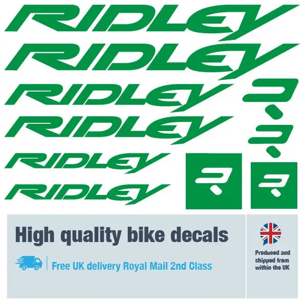 Ridley bike decal set in green. Replacement vinyl stickers for Ridley frames.