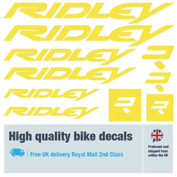 Ridley bike decal set in yellow. Replacement vinyl stickers for Ridley frames.