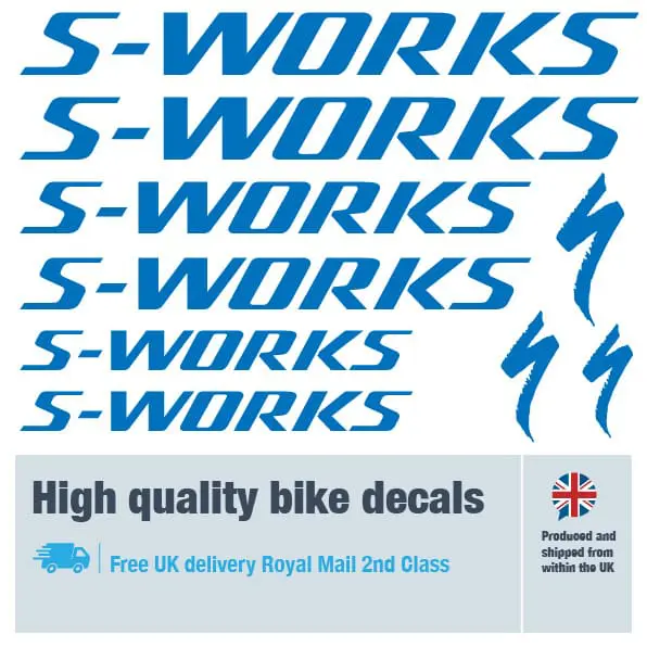 S-Works bike decal set in dark blue. Replacement vinyl stickers for S-Works frames.