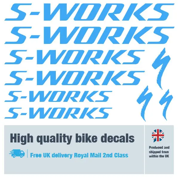 S-Works bike decal set in light blue. Replacement vinyl stickers for S-Works frames.