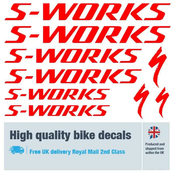 S-Works bike decal set in red. Replacement vinyl stickers for S-Works frames.