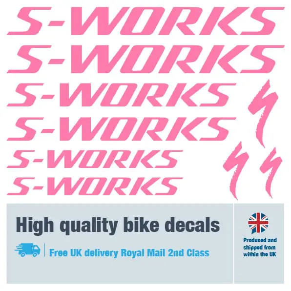 S-Works bike decal set in pink. Replacement vinyl stickers for S-Works frames.