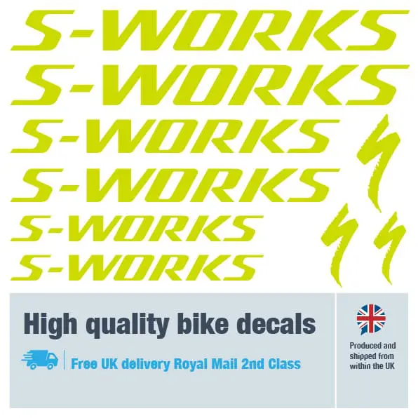 S-Works bike decal set in lime. Replacement vinyl stickers for S-Works frames.