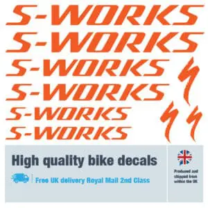 S-Works bike decal set in orange. Replacement vinyl stickers for S-Works frames.