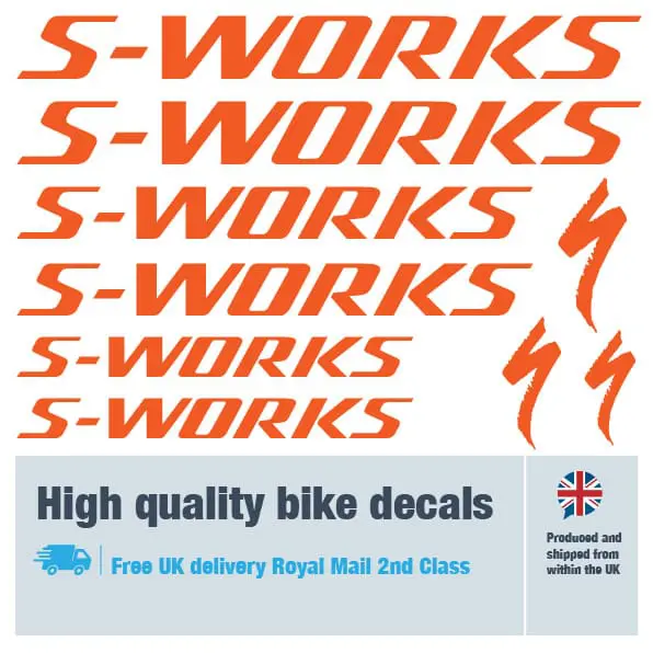S-Works bike decal set in orange. Replacement vinyl stickers for S-Works frames.