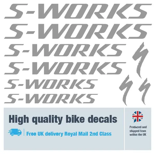 S-Works bike decal set in silver. Replacement vinyl stickers for S-Works frames.