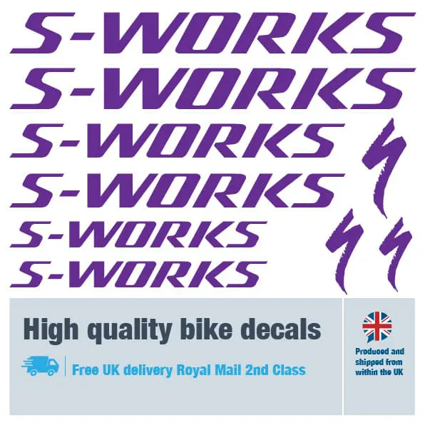 S-Works bike decal set in purple. Replacement vinyl stickers for S-Works frames.