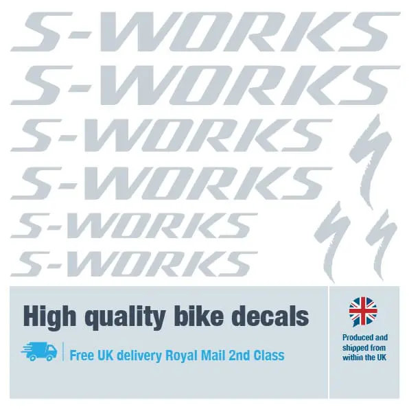 S-Works bike decal set in grey. Replacement vinyl stickers for S-Works frames.