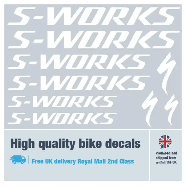 S-Works bike decal set in white. Replacement vinyl stickers for S-Works frames.