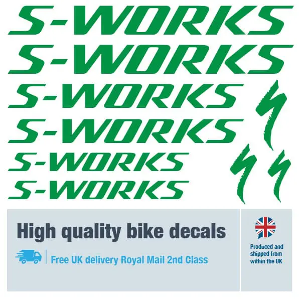 S-Works bike decal set in green. Replacement vinyl stickers for S-Works frames.