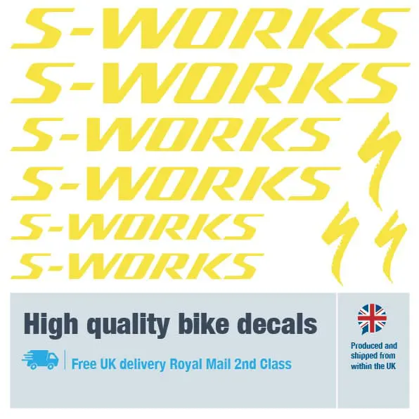 S-Works bike decal set in yellow. Replacement vinyl stickers for S-Works frames.