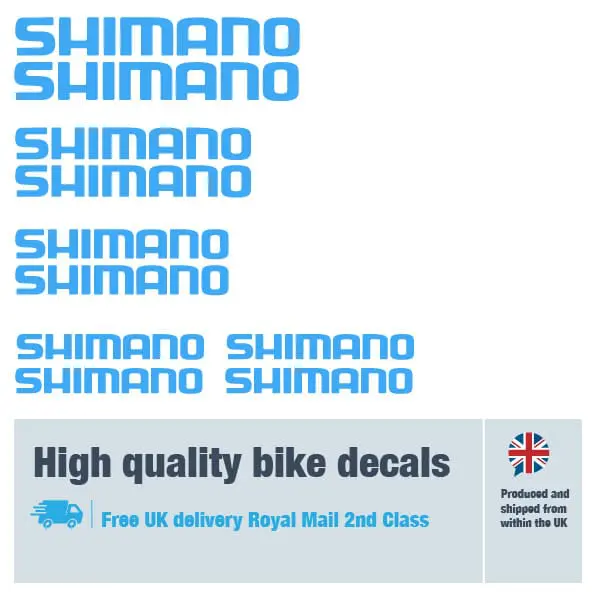 Shimano bike decal set light blue. Replacement vinyl stickers for Shimano frames.