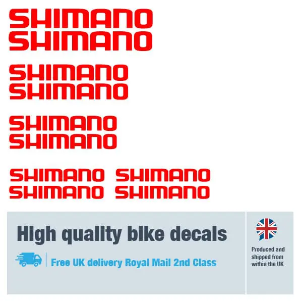 Shimano bike decal set red. Replacement vinyl stickers for Shimano frames.