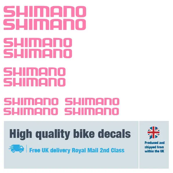 Shimano bike decal set pink. Replacement vinyl stickers for Shimano frames.
