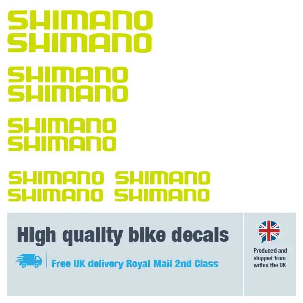 Shimano bike decal set lime. Replacement vinyl stickers for Shimano frames.