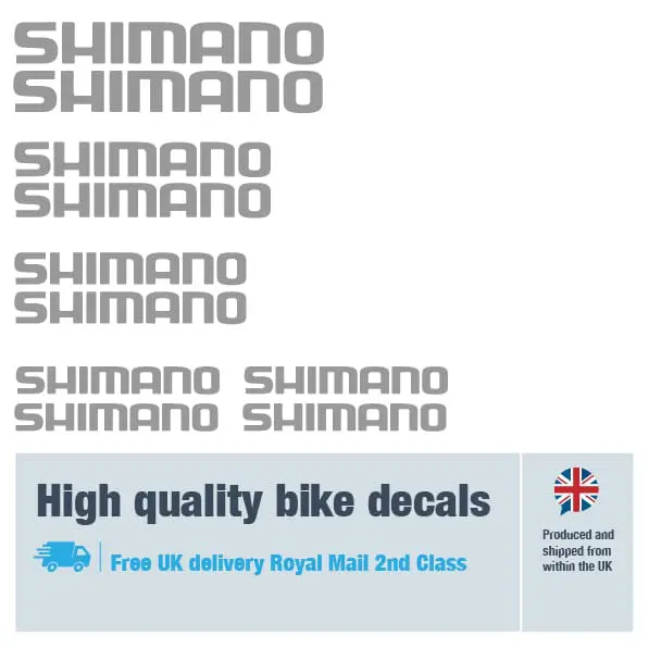 Shimano bike decal set silver. Replacement vinyl stickers for Shimano frames.