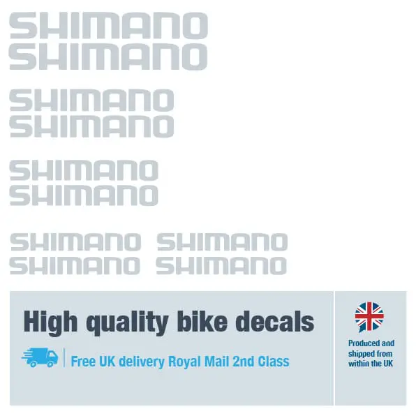 Shimano bike decal set grey. Replacement vinyl stickers for Shimano frames.