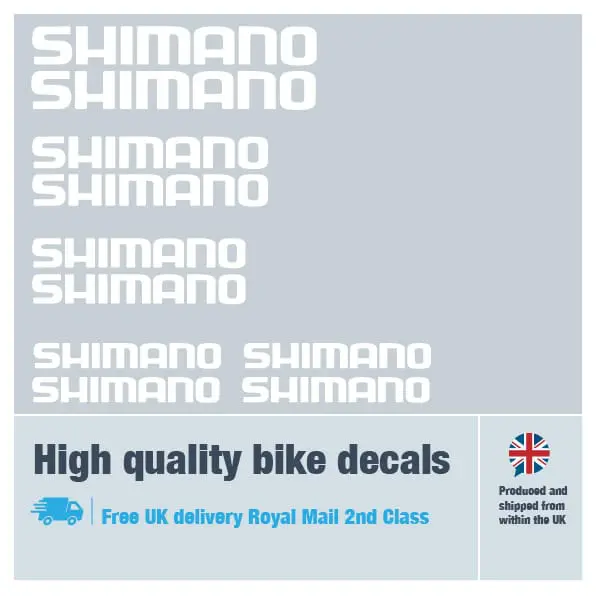 Shimano bike decal set white. Replacement vinyl stickers for Shimano frames.