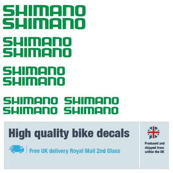 Shimano bike decal set green. Replacement vinyl stickers for Shimano frames.