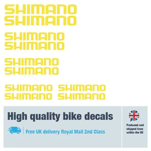 Shimano bike decal set yellow. Replacement vinyl stickers for Shimano frames.
