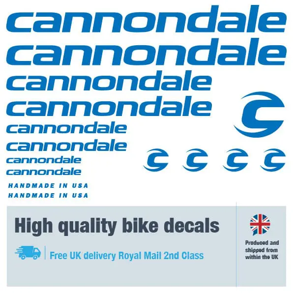 Cannondale bike decal set in dark blue. Replacement vinyl stickers for Cannondale frames.