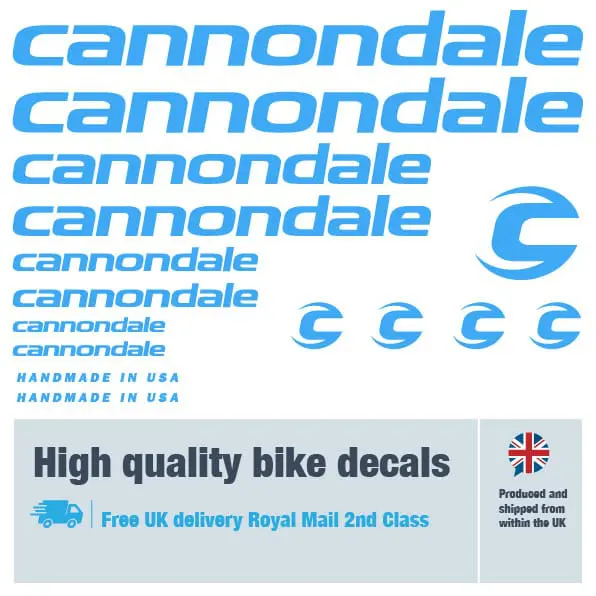 Cannondale bike decal set in light blue. Replacement vinyl stickers for Cannondale frames.