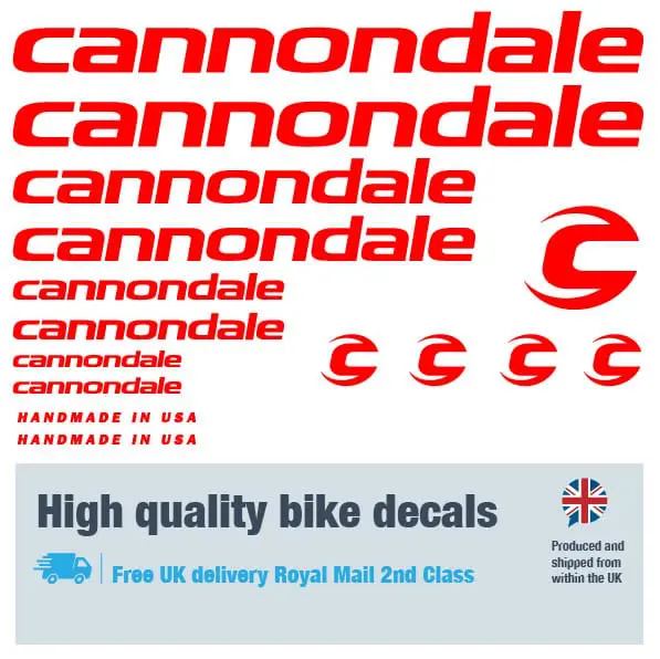 Cannondale bike decal set red. Replacement vinyl stickers for Cannondale frames.