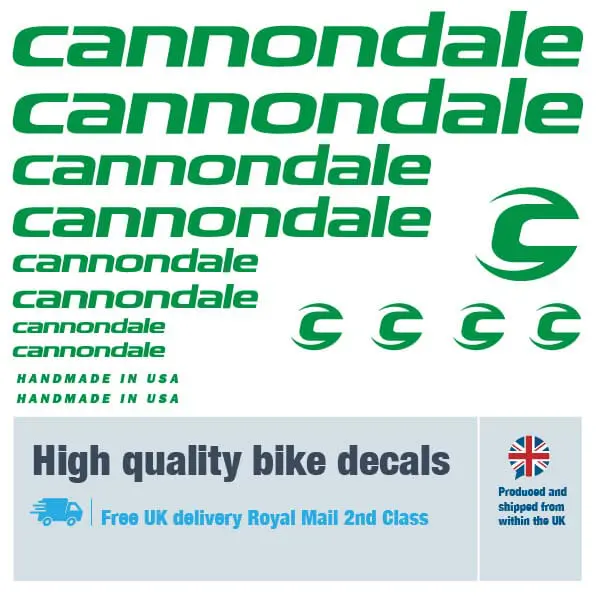 Cannondale bike decal set green. Replacement vinyl stickers for Cannondale frames.