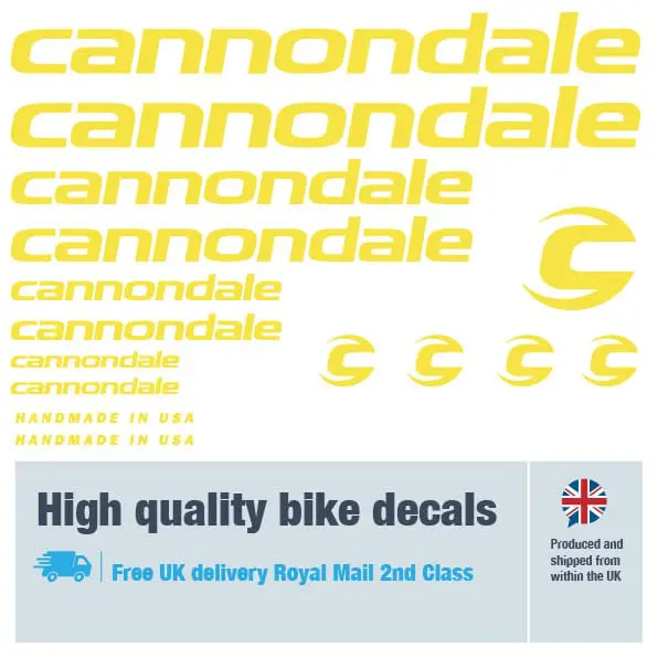 Cannondale bike decal set in yellow. Replacement vinyl stickers for Cannondale frames.