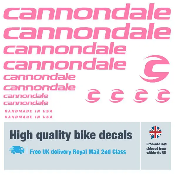 Cannondale bike decal set in pink. Replacement vinyl stickers for Cannondale frames.