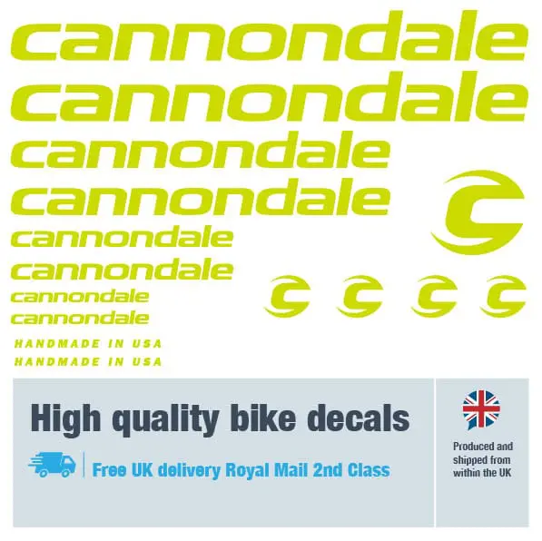 Cannondale bike decal set in lime. Replacement vinyl stickers for Cannondale frames.