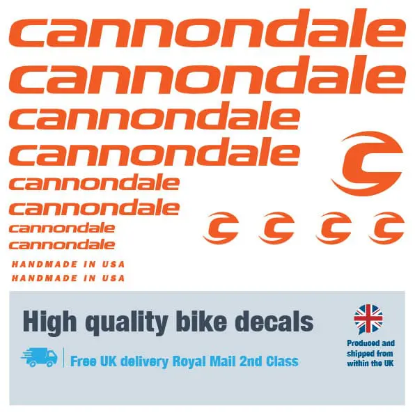Cannondale bike decal set in orange. Replacement vinyl stickers for Cannondale frames.