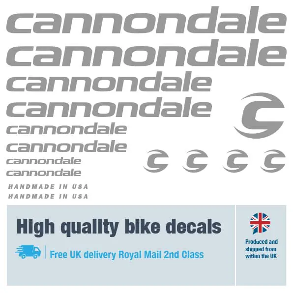 Cannondale bike decal set in silver. Replacement vinyl stickers for Cannondale frames.