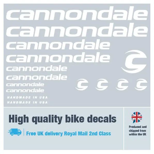 Cannondale bike decal set in white. Replacement vinyl stickers for Cannondale frames.